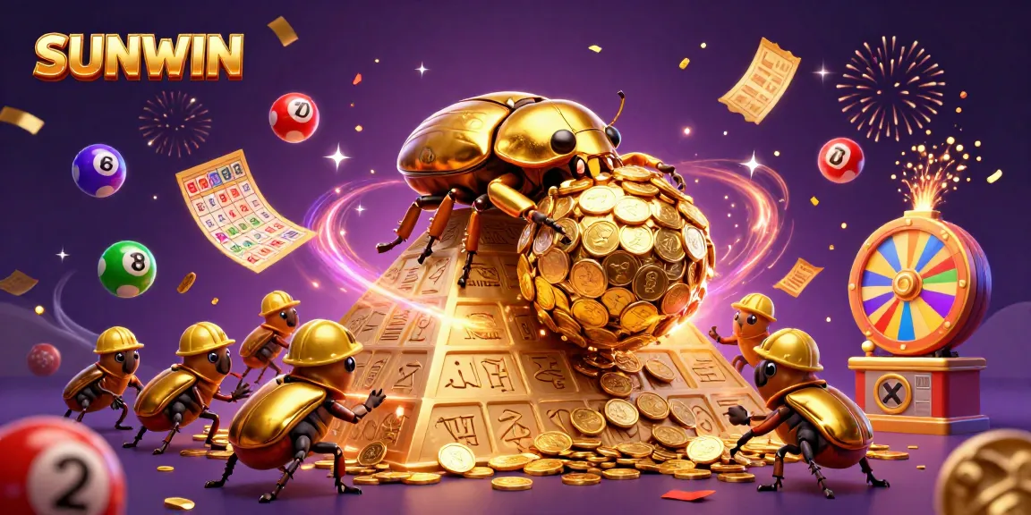 SUNWIN engages players with vibrant balls and a massive coin beetle in a dynamic casino scene
