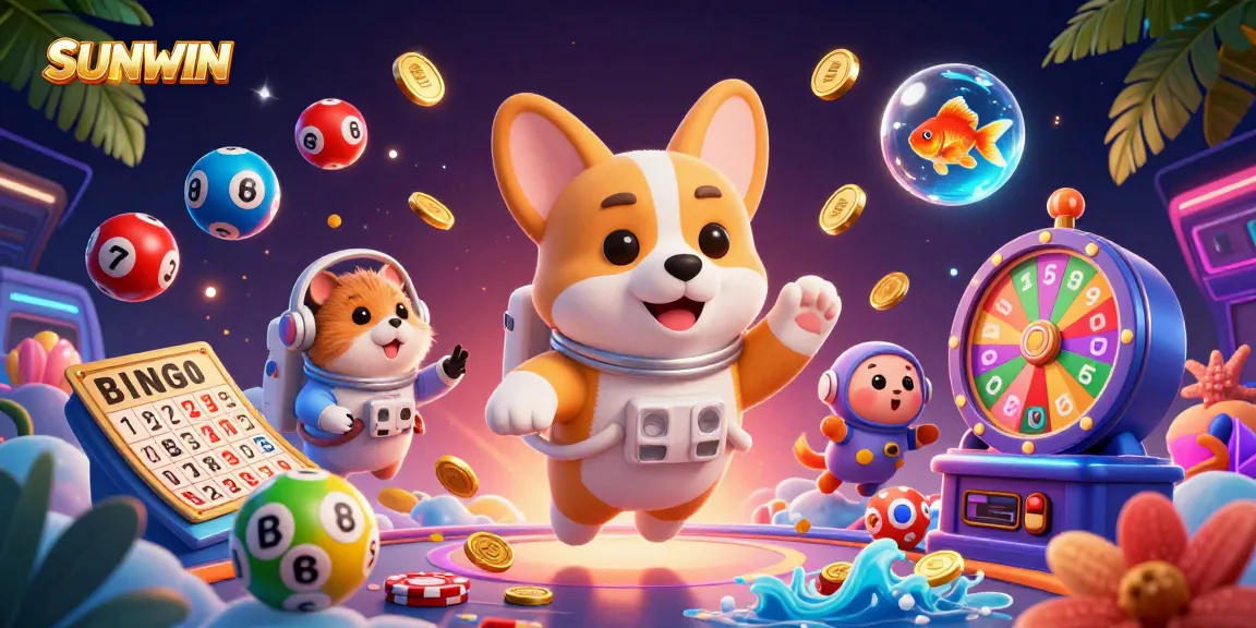 SUNWIN captivates players with an ultra-detailed 3D casino carnival scene featuring corgi astronauts and lottery balls.