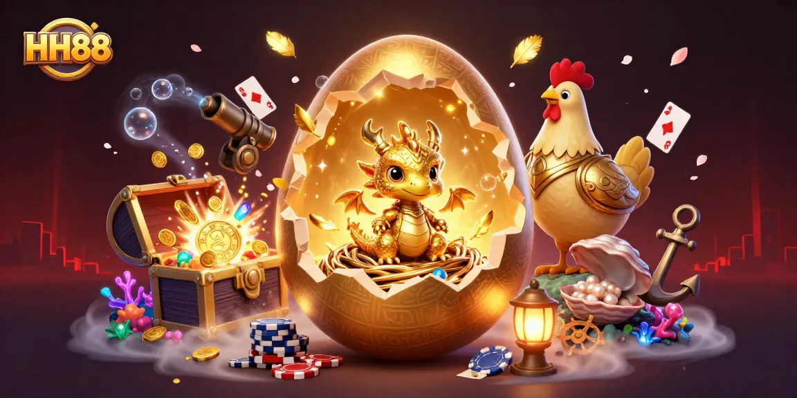 Engage with the magical world of HH88 through an illustration of a golden dragon and poker chips amidst casino treasures.