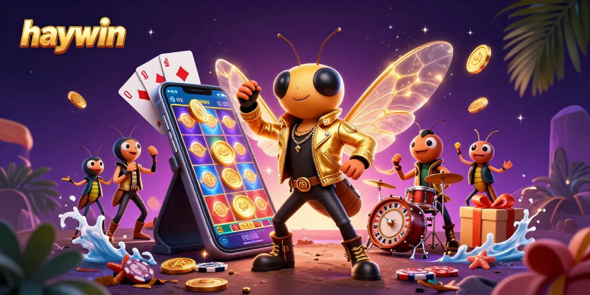 Experience the vibrant energy of haywin online casino with a dynamic 3D illustration showcasing a rock star, games, and celebrations.