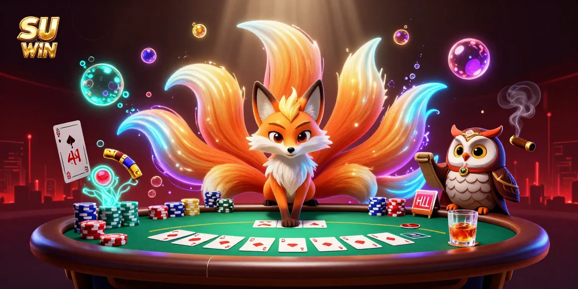 SUNWIN showcases a vibrant illustration of a nine-tailed fox spirit at a poker table, engaging players with dazzling displays of skill.
