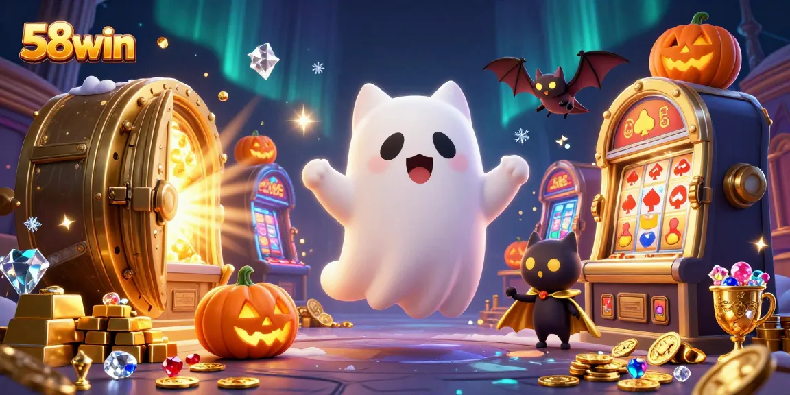Experience thrilling gameplay with 58win's ghost cat in a vibrant haunted casino scene.