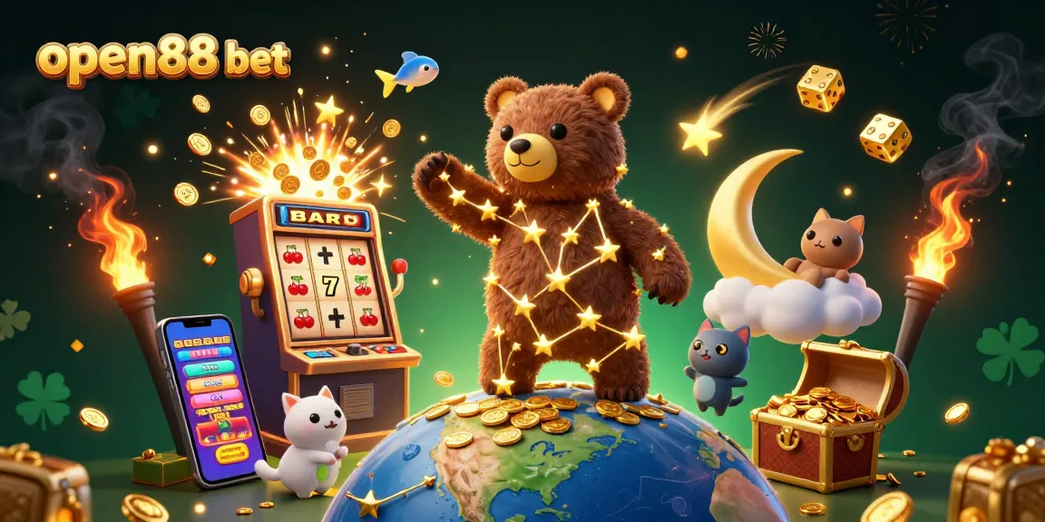Grab big wins with open88 bet as gold coins spill from a magical slot machine surrounded by stars.