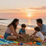 Keluarga di pantai saat matahari terbenam, membangun istana pasir di https://miami4d.com/.