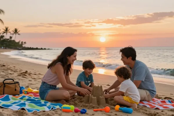 Keluarga di pantai saat matahari terbenam, membangun istana pasir di https://miami4d.com/.