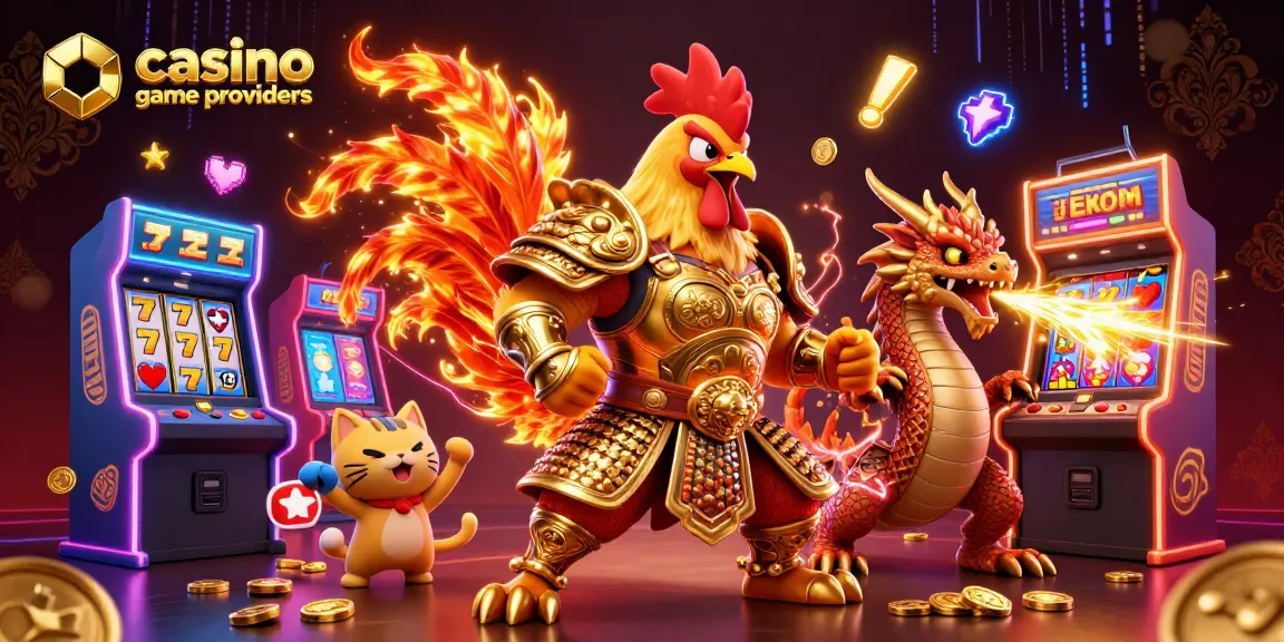 Engage with casino game providers featuring a colorful scene of a rooster warrior and a dragon hatchling amidst arcade elements.