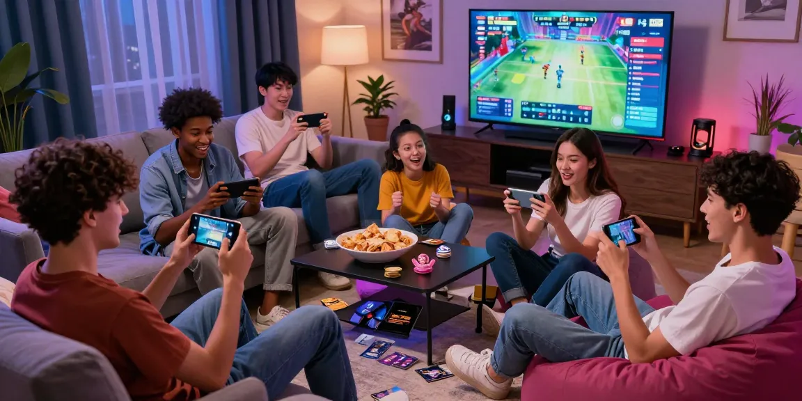 Tiranga Game players enjoying a vibrant gaming session in a cozy living room, showcasing mobile gameplay excitement.