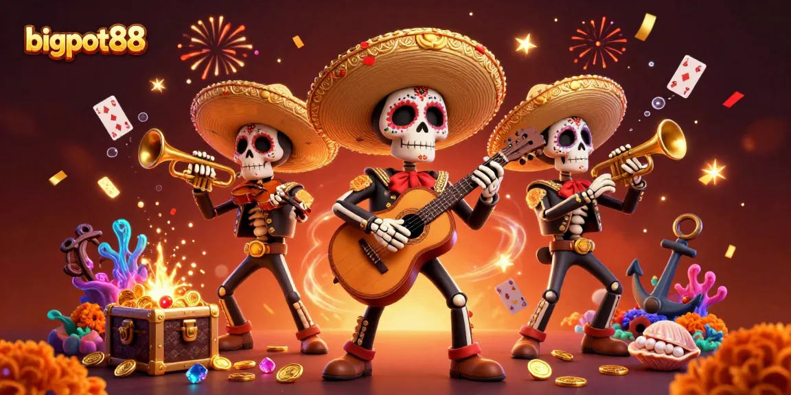 Experience bigpot88 with a vibrant 3D Dia de los Muertos scene showcasing a festive mariachi band.