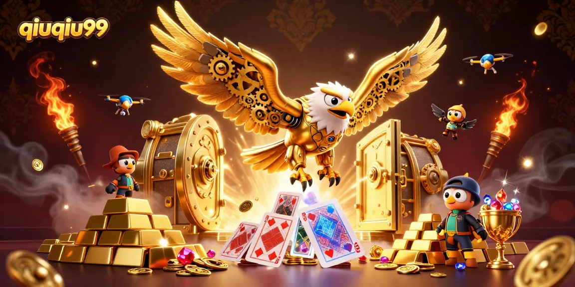 Experience thrilling wins with qiuqiu99, featuring vibrant 3D characters amidst stunning casino elements.