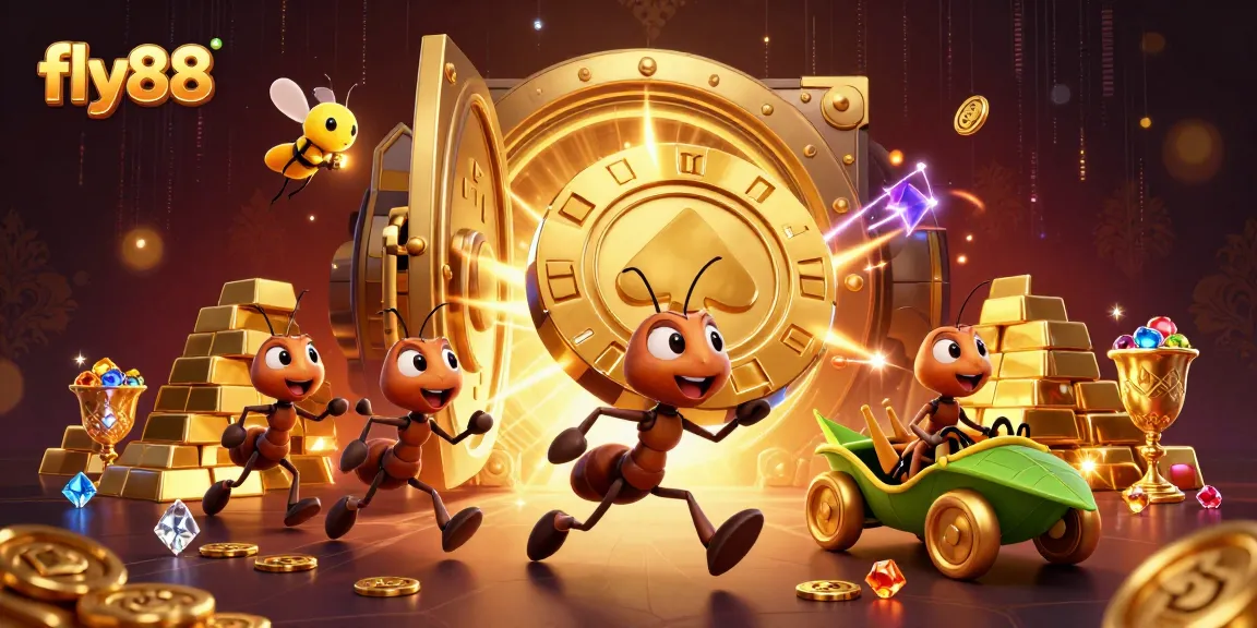 Engage in the thrill of fly88 as ants execute a heist with a giant poker chip amidst a treasure scene.