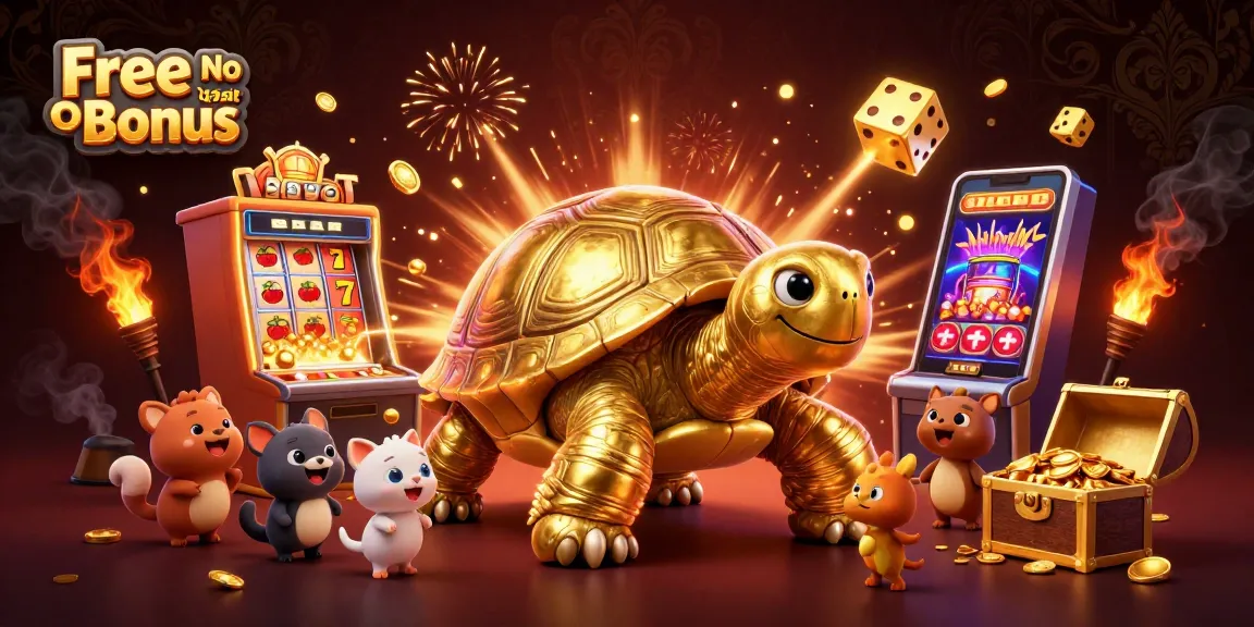 Engage with Free No Deposit Bonus offers through exciting casino visuals of a golden tortoise pinball and vibrant games.