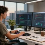 Developer coding in a modern workspace with dual monitors and vibrant city view, highlighting the slot feature in software development.