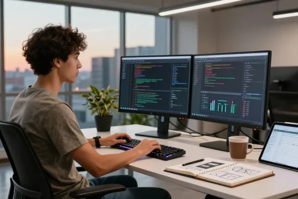 Developer coding in a modern workspace with dual monitors and vibrant city view, highlighting the slot feature in software development.